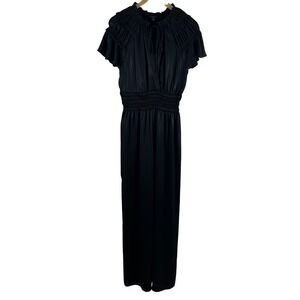 Current Air Women's Jumpsuit Black Ruffle Tie Neckline‎ Smocked Wide Leg Size S